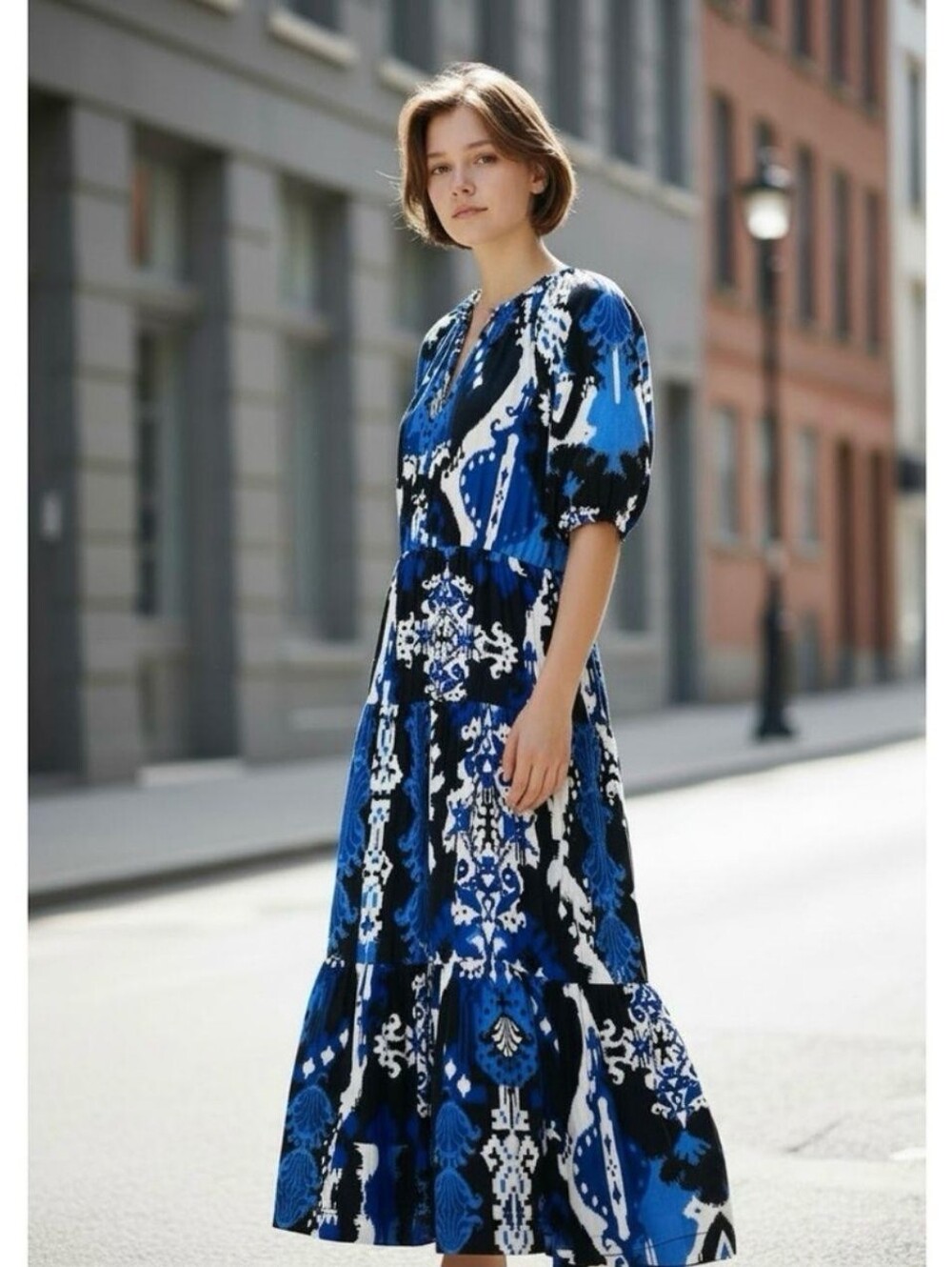 Chico's Ikat Tiered Blue White Bohemian Smocked Abstract Maxi Dress Size Large